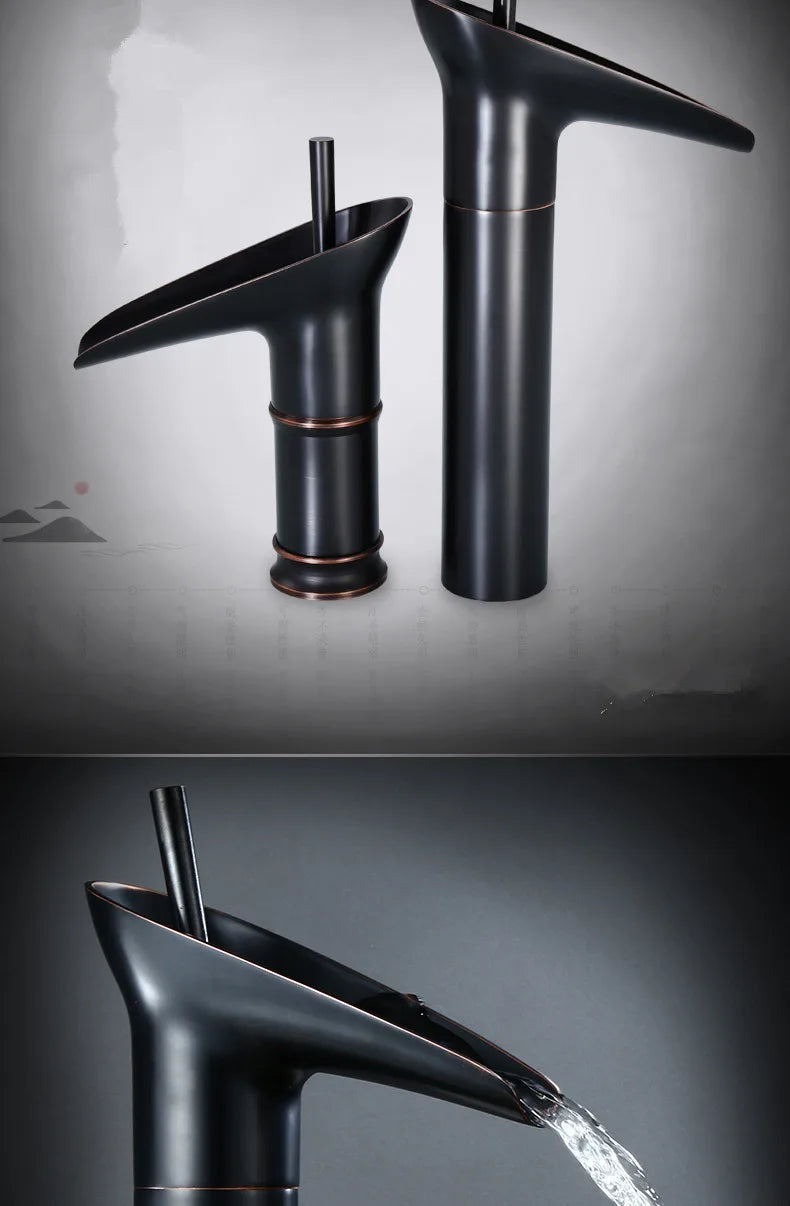 Black matte waterfall faucet with copper accents deck mounted featuring metered valve control in antique brass finish