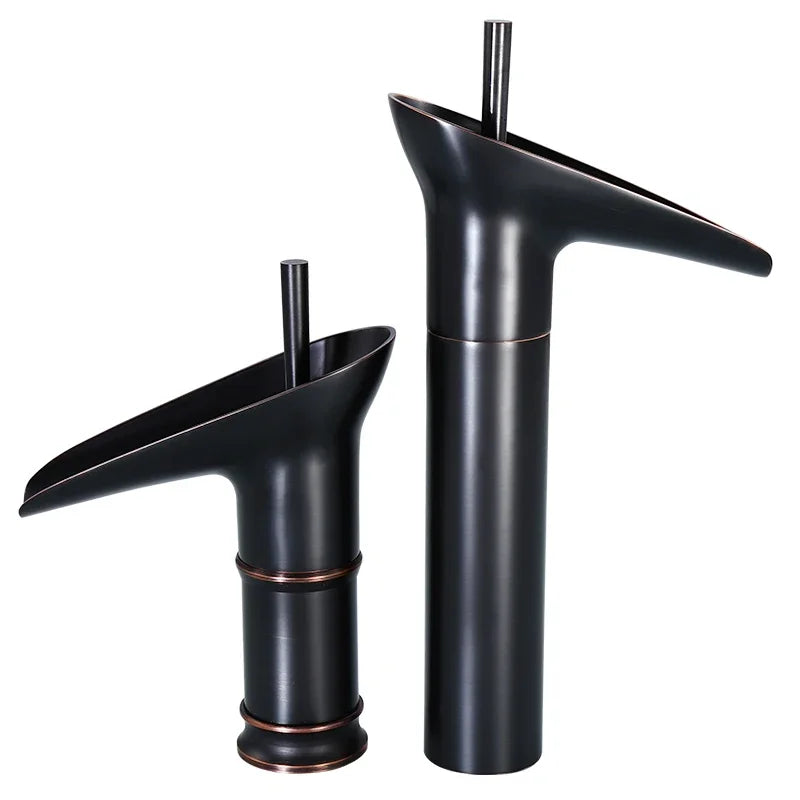 Black matte-finish bathroom faucet antique brass waterfall with copper accents and deck mounted metered valve control