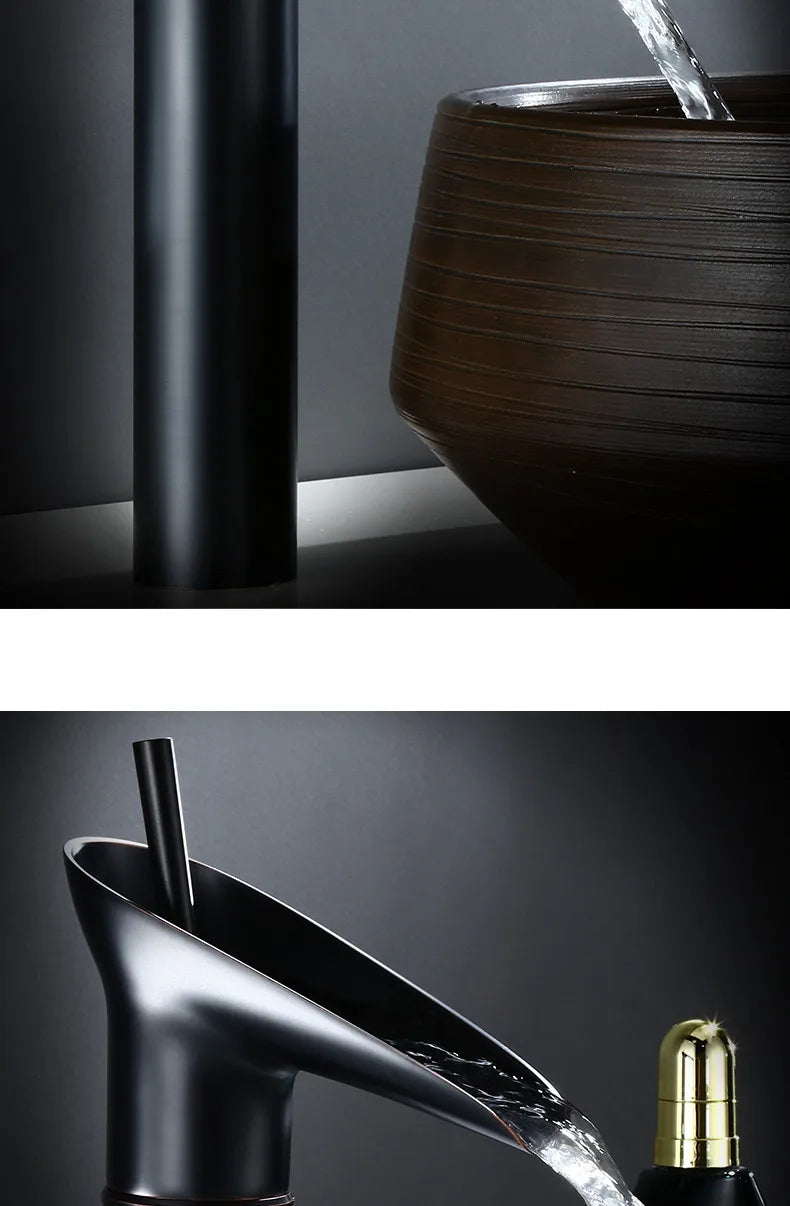 Black matte-finish deck mounted bathroom faucet with antique brass waterfall and metered valve control handle