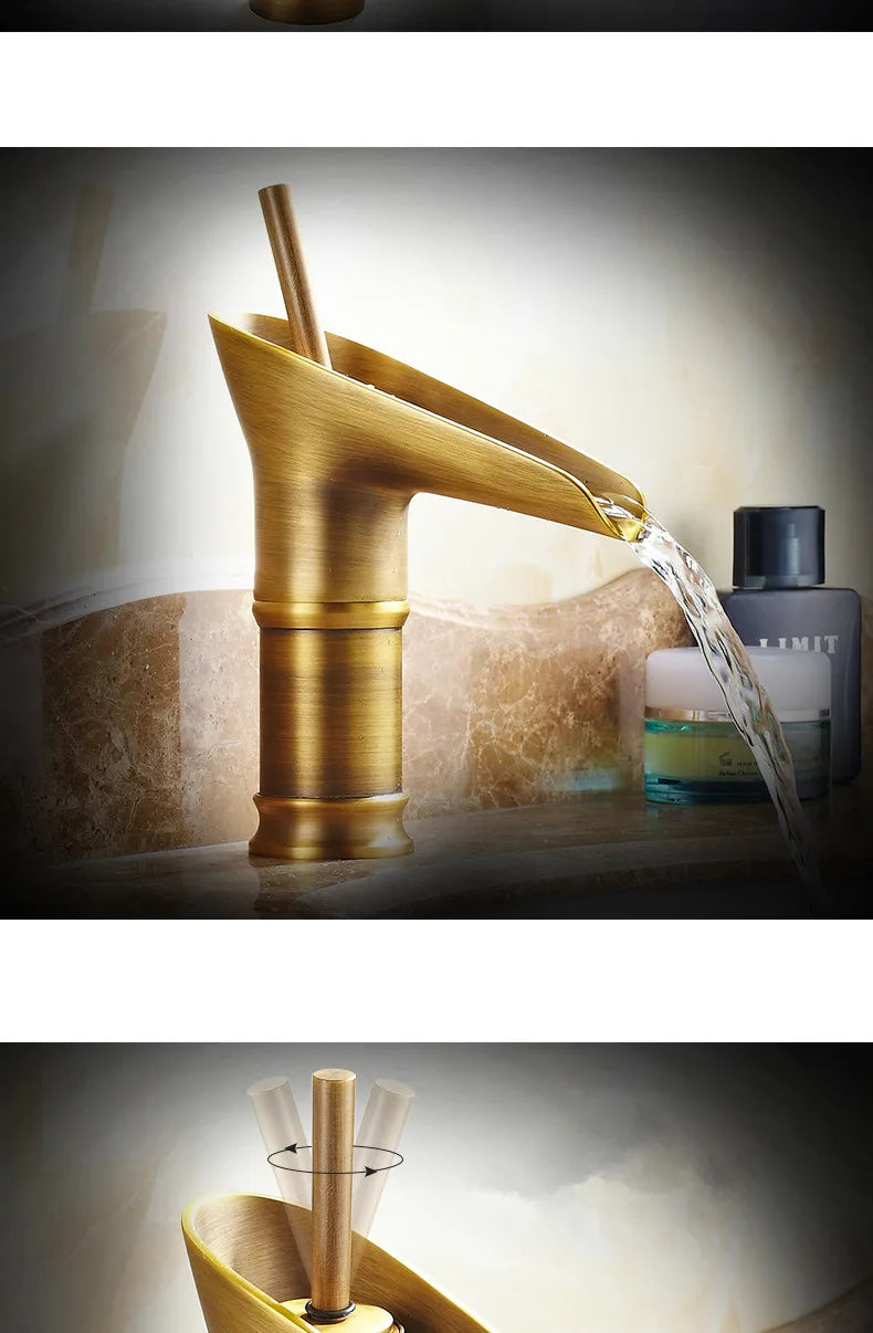 Golden brass deck mounted bathroom faucet with waterfall spout and bamboo-inspired body featuring metered valve control