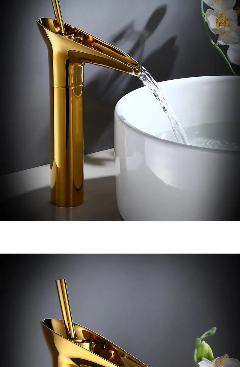 Golden antique brass waterfall bathroom faucet with polished finish deck mounted with metered valve control