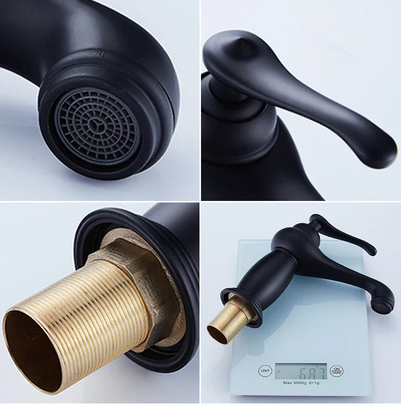 Bathroom faucet antique bronze finish with black matte body and contrasting brass-colored threaded base and curved handle