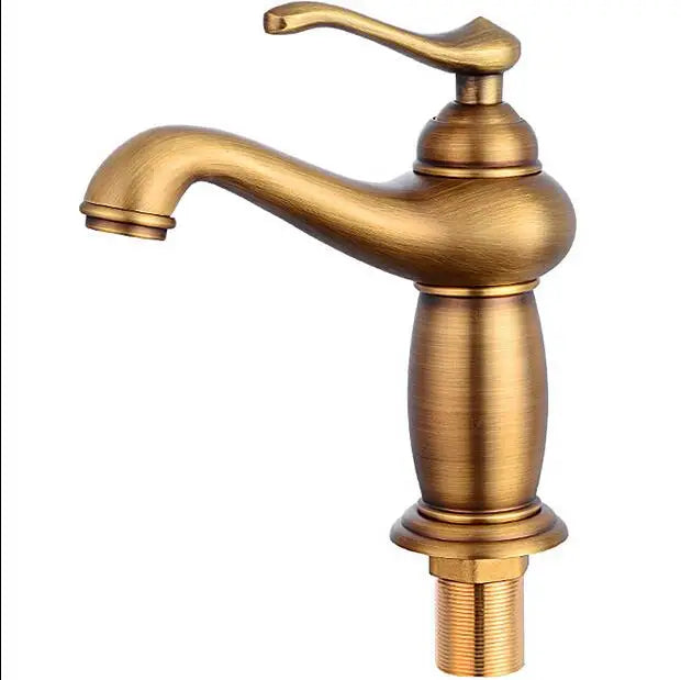 Antique brass-finished single-handle bathroom faucet with classic curved spout and ornate handle in bronze finish