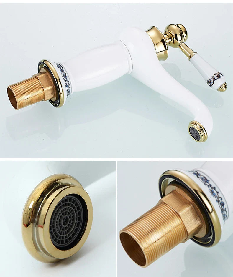 Bathroom faucet with antique bronze finish white ceramic body gold accents and blue floral detailing on handle