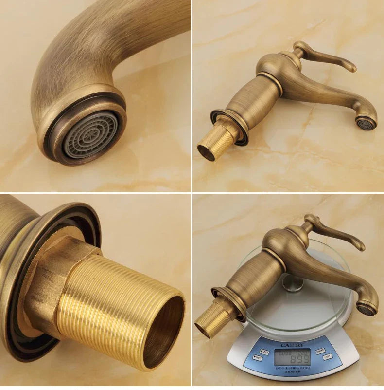 Antique brass-finished single-handle bathroom faucet with curved spout and decorative ridged base in bronze finish