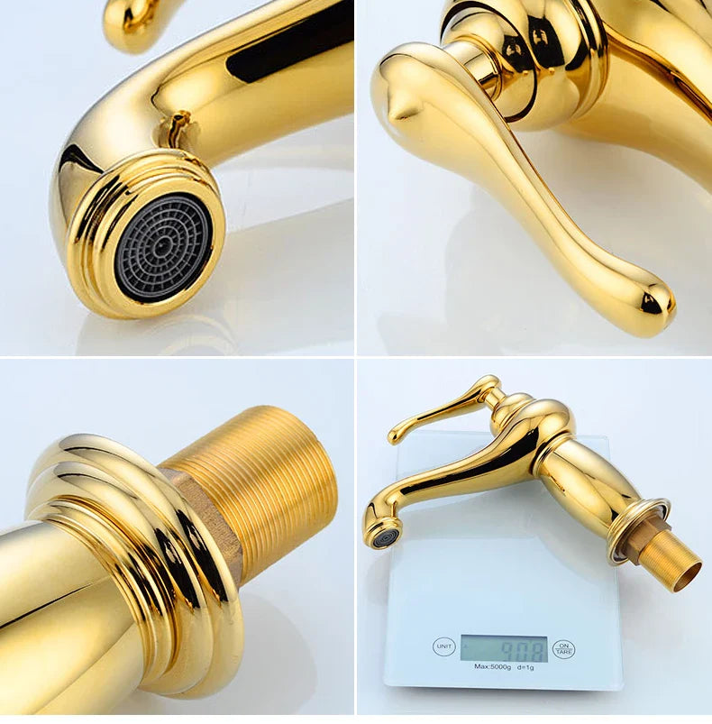 Bathroom faucet with an antique bronze finish featuring a gold-colored ornate classic design and polished metallic look