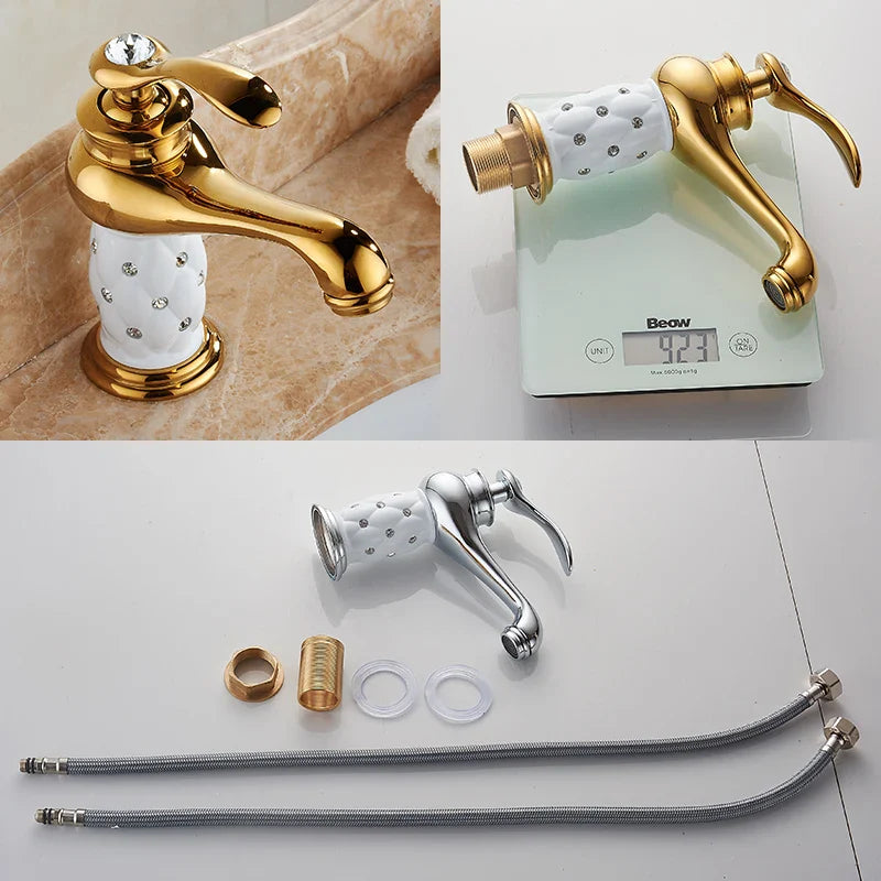 Bathroom faucet with bronze finish featuring gold accents and a white ceramic base with embedded crystals