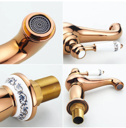 Bathroom faucet with bronze finish rose gold body and ceramic handle with blue floral patterns and matching decorative band