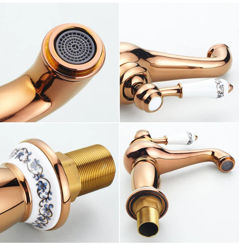 Bathroom faucet with bronze finish rose gold body and ceramic handle with blue floral patterns and matching decorative band