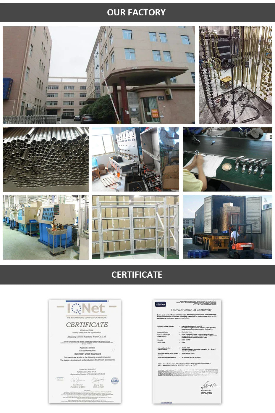 Collage of factory scenes and certificates showcasing the manufacturing process of a bathroom faucet with antique bronze finish