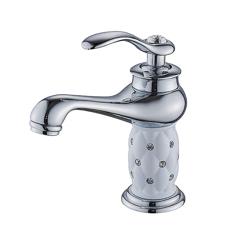 Bathroom faucet with chrome finish white ceramic base diamond embellishments and crystal handle accent in bronze finish design