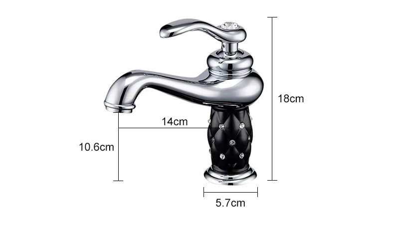Chrome-finished single-handle bathroom faucet with black diamond base and curved spout in bronze finish