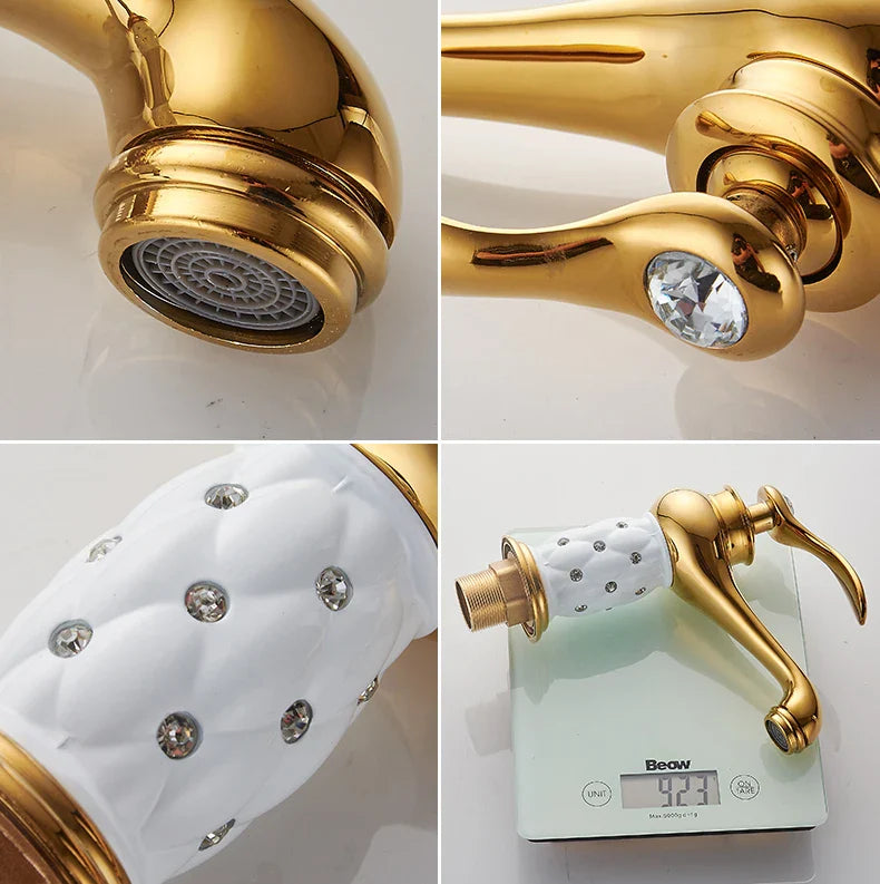 Bathroom faucet antique bronze finish with gold faucet and white quilted ceramic spout adorned with rhinestones