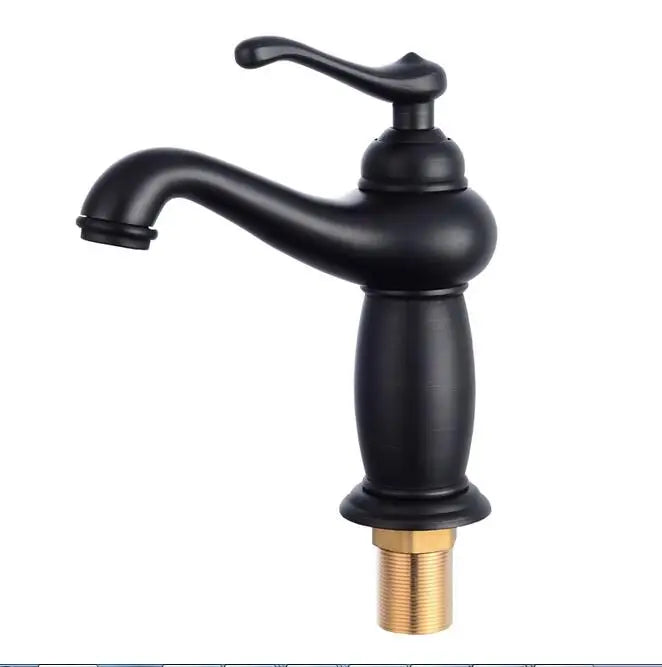 Black matte single-handle bathroom faucet with brass threaded base and bronze finish for antique style decor