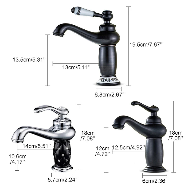 Black matte bathroom faucet with ornate white ceramic handle and decorative base in antique bronze finish