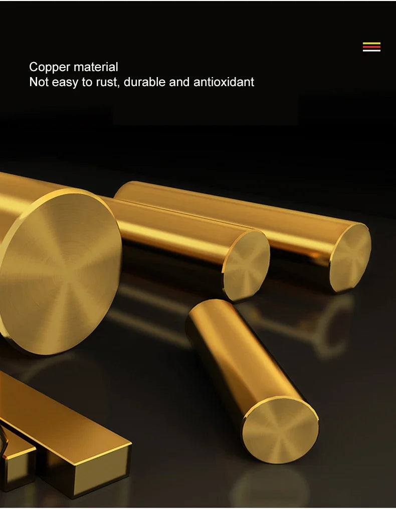 Cylindrical copper rods with polished golden finish and machined ends for bathroom faucet antique bronze finish