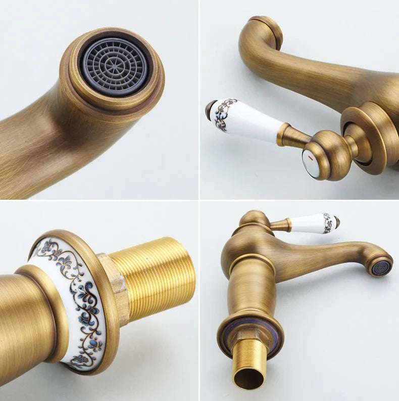 Antique brass-finished bathroom faucet with bronze finish white ceramic handles and blue floral porcelain collar