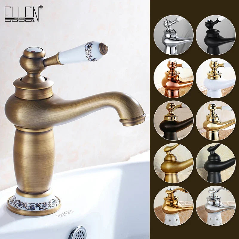 Antique brass-finished single-handle bathroom faucet with ceramic handle and black floral detailing in bronze finish