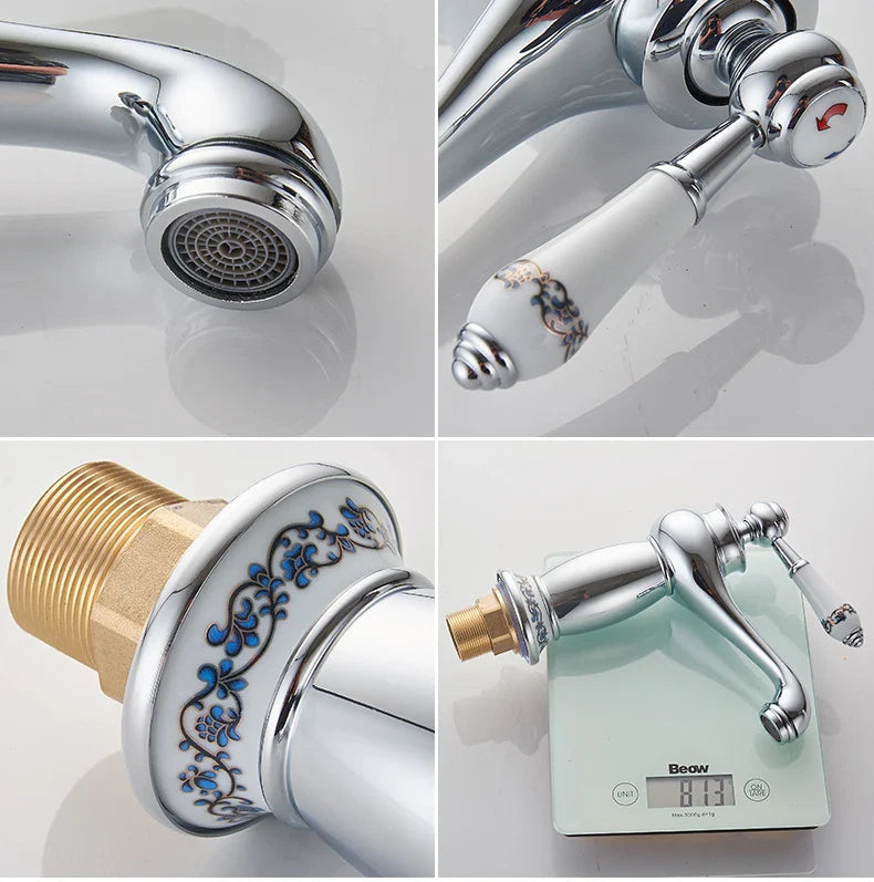 Bathroom faucet with bronze finish featuring chrome body, white ceramic handles with blue floral patterns, and brass connection