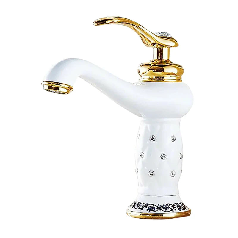 Elegant white ceramic bathroom faucet with bronze finish gold accents crystal embellishments and black floral detailing at base