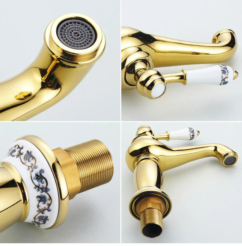 Gold-finished bathroom faucet with white ceramic handles and blue floral patterns in bronze finish