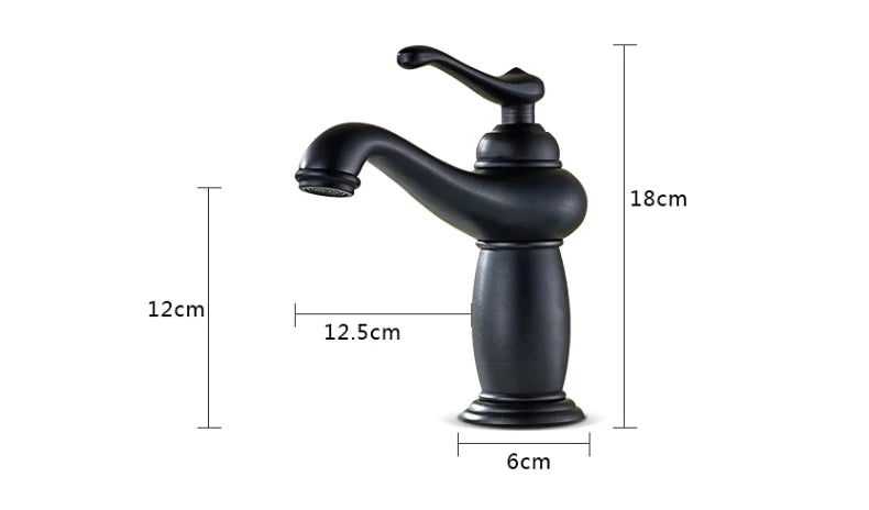 Black matte bathroom faucet with curved spout and lever handle featuring an antique bronze finish