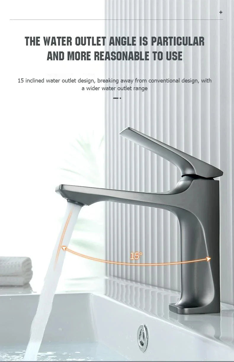Modern matte black bathroom faucet brass core with single handle and 15-degree inclined angular water outlet