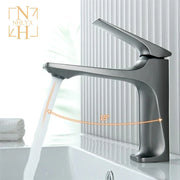 Modern matte gray bathroom faucet brass core single handle with sleek minimalist design and 15-degree adjustable spout