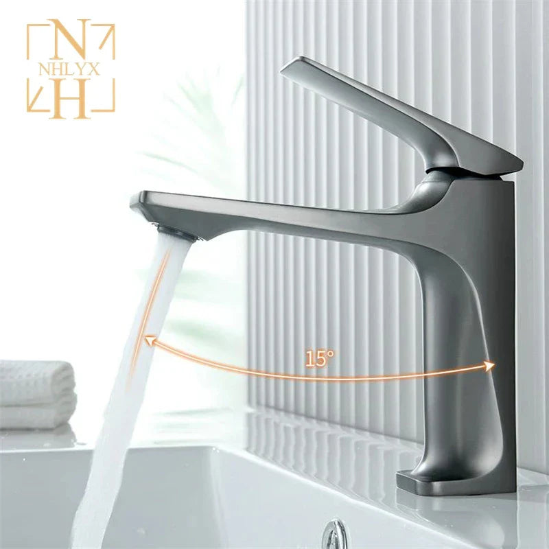 Modern matte gray bathroom faucet brass core single handle with sleek minimalist design and 15-degree adjustable spout