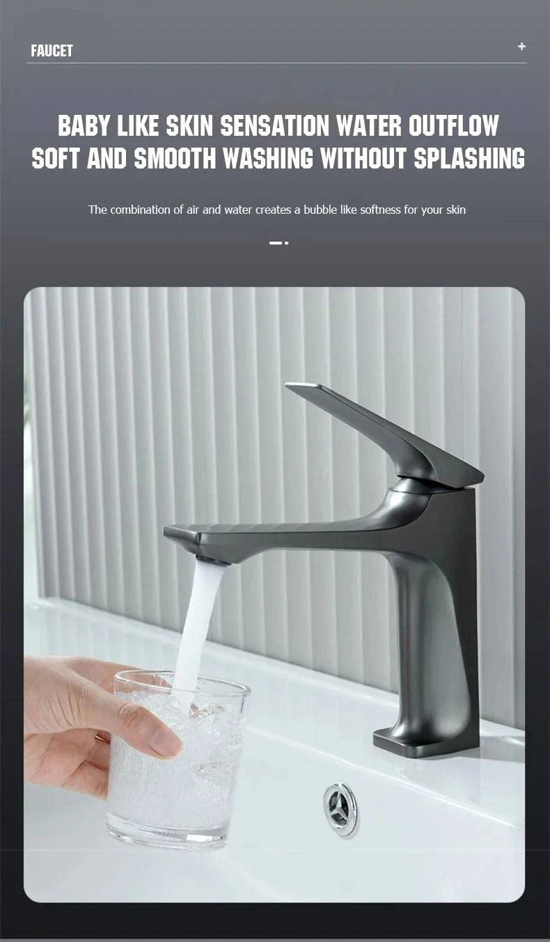 Modern matte black bathroom faucet with brass core single handle and minimalist design for water flow control