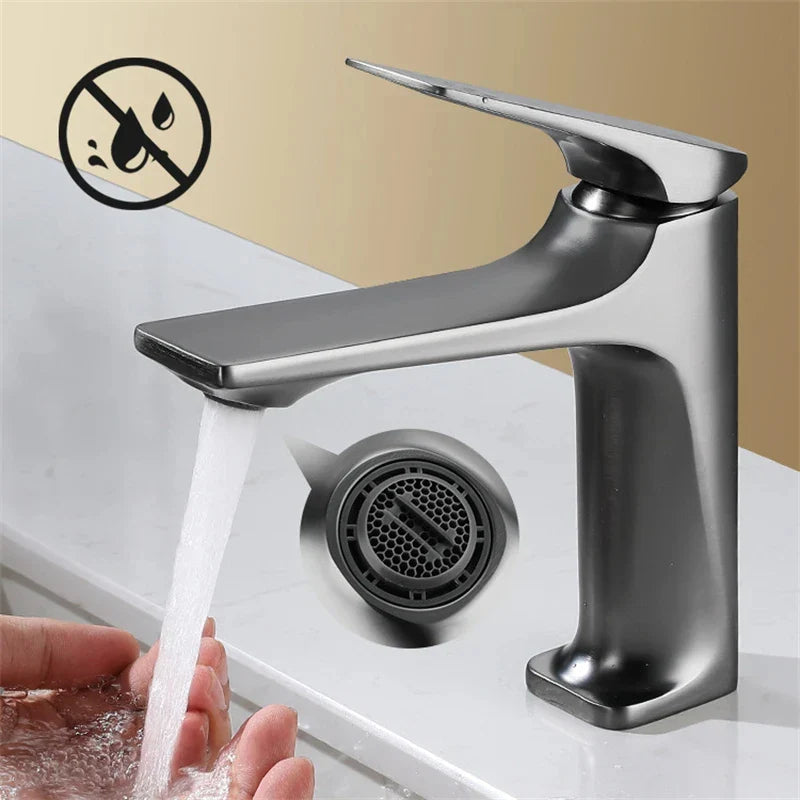 Modern matte black bathroom faucet brass core with single handle and sleek minimalist design for temperature control