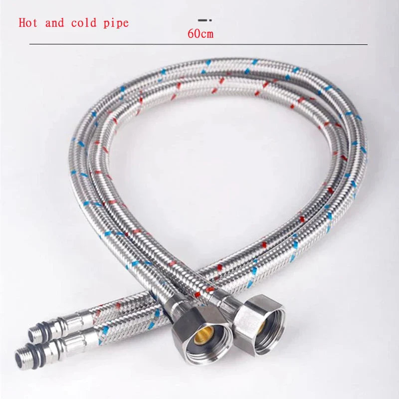 60cm stainless steel braided hot and cold water supply hose with red and blue markings for bathroom faucet brass core single handle