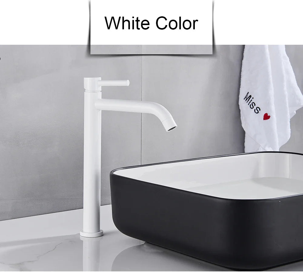White modern bathroom faucet with sleek minimalist design and brushed gold mixer tap finish