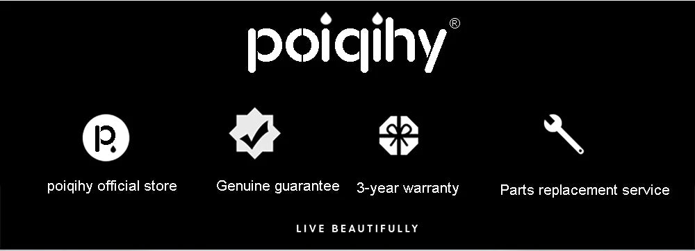 Black background with white poiqihy logo and icons for official store genuine guarantee 3-year warranty and parts replacement