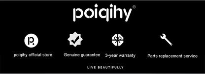 Black background with white poiqihy logo and icons for official store genuine guarantee 3-year warranty and parts replacement