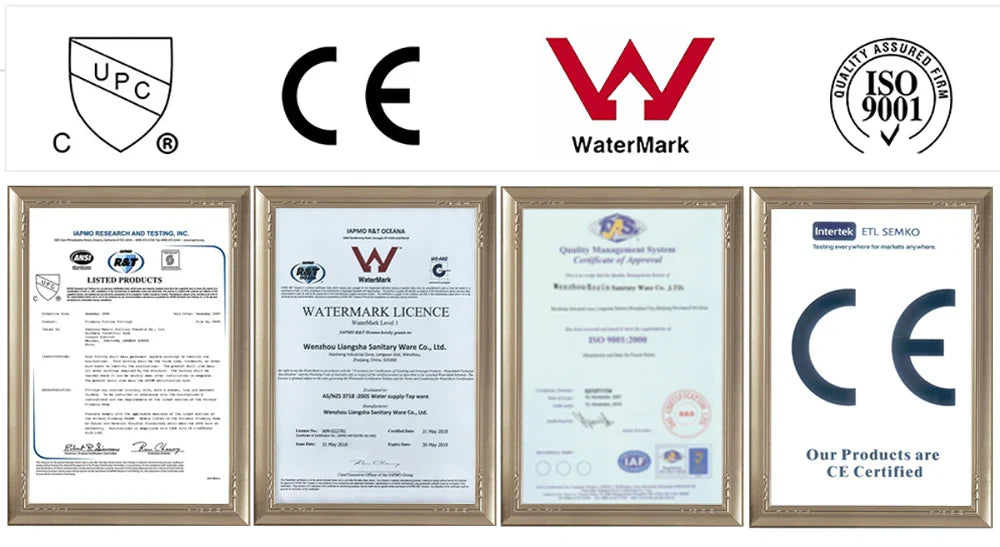 Four framed certification documents displayed on white background for bathroom faucet brushed gold mixer tap quality validation