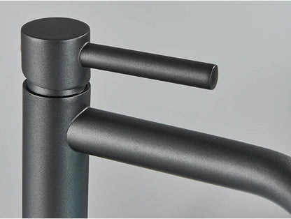 Matte black bathroom faucet with sleek minimalist design and cylindrical handle for modern mixer tap use