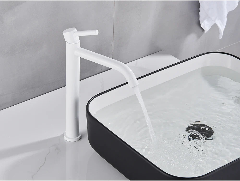 White modern bathroom faucet with sleek minimalist design and brushed gold mixer tap finish