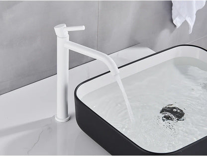 White modern bathroom faucet with sleek minimalist design and brushed gold mixer tap finish