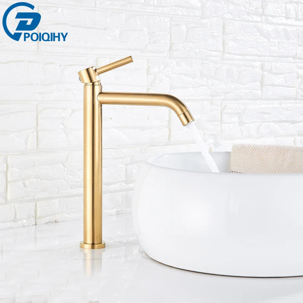 Bathroom faucet brushed gold mixer tap with gold-toned single-handle sleek modern design and polished metallic finish