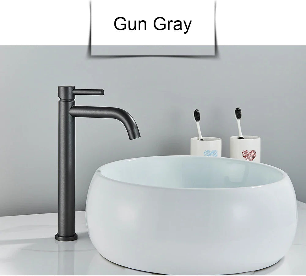 Gun gray matte-finish single-handle bathroom faucet with sleek modern design and brushed gold mixer tap features