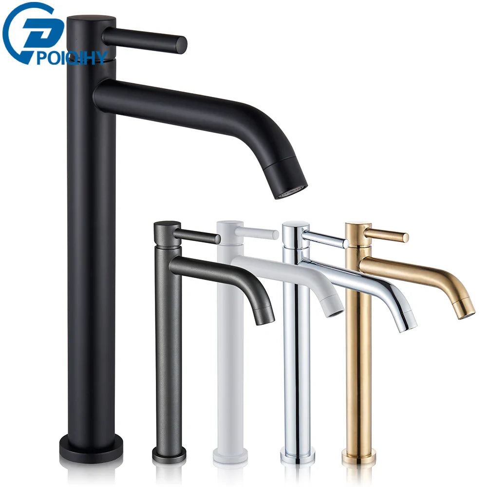 Modern matte black tall bathroom faucet with sleek minimalist design and matching handle for brushed gold mixer tap