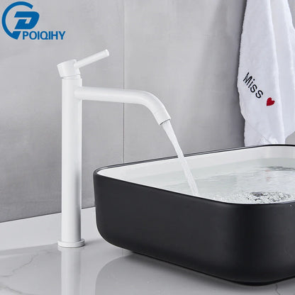 White matte-finish single-handle bathroom faucet with sleek modern design in brushed gold mixer tap style