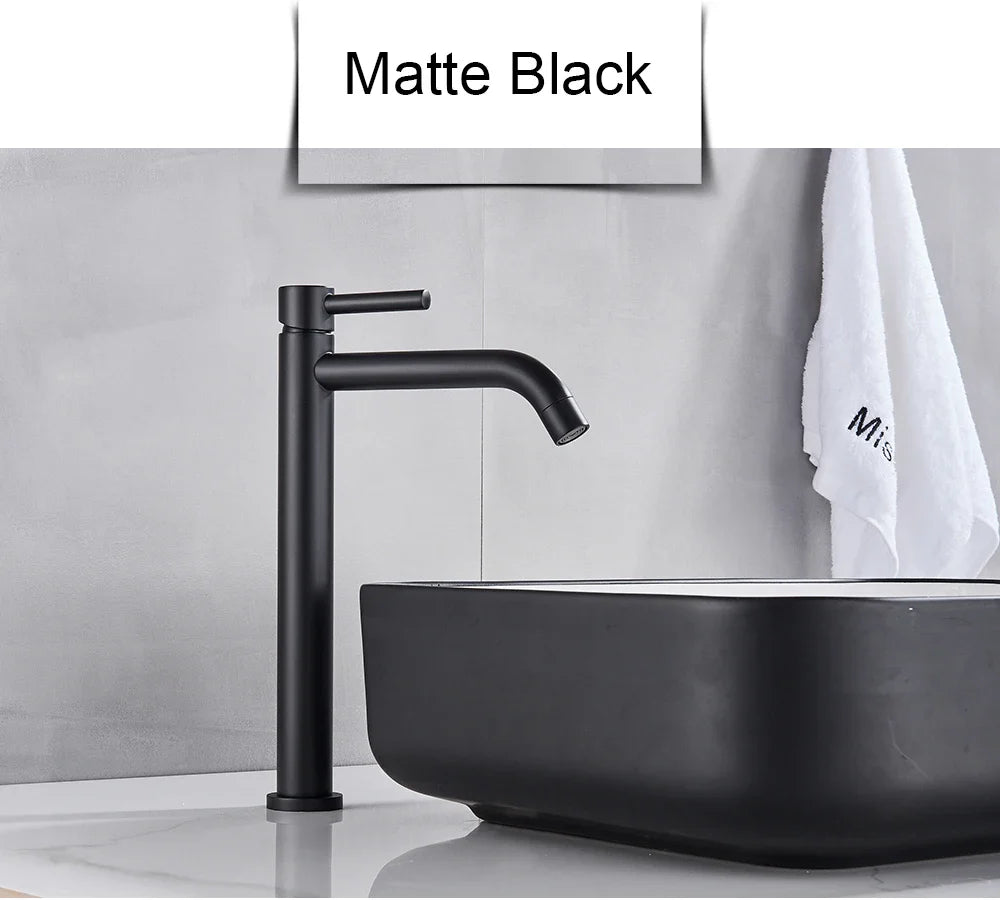Matte black modern bathroom faucet with sleek minimalist design and brushed gold mixer tap finish