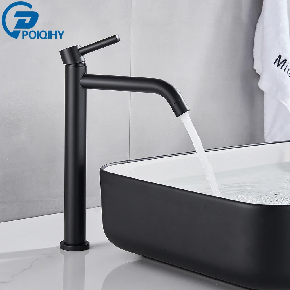 Black matte modern bathroom faucet with tall slender spout and handle designed for contemporary sinks