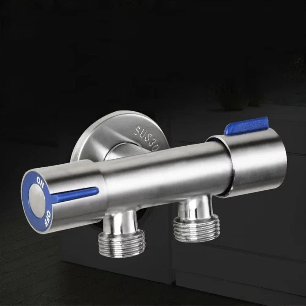Stainless steel bathroom faucet double handle with blue plastic handles and on/off markings for dual-function use