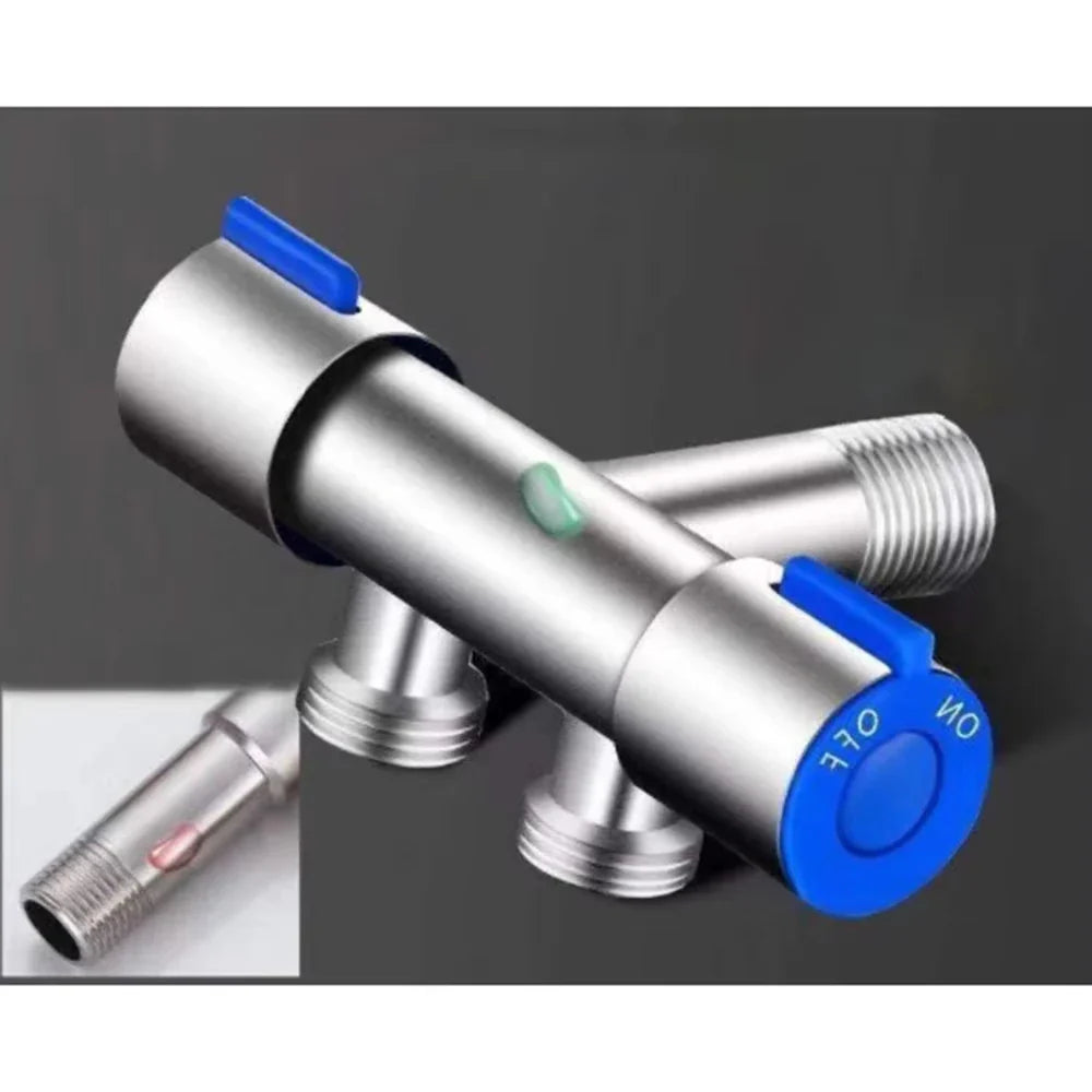 Bathroom faucet double handle stainless steel with blue plastic handles and green indicator light for precise control