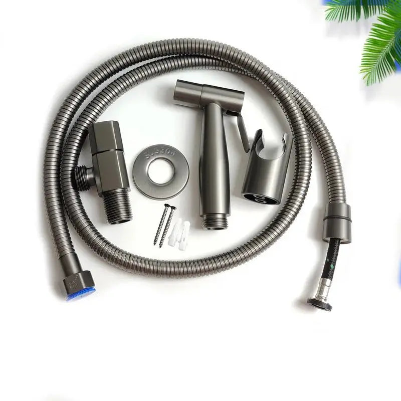 Matte black metal showerhead with flexible corrugated hose and matching fixtures for bathroom faucet double handle stainless steel