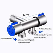 Silver stainless steel bathroom faucet with double handles and blue plastic on/off switches for precise control