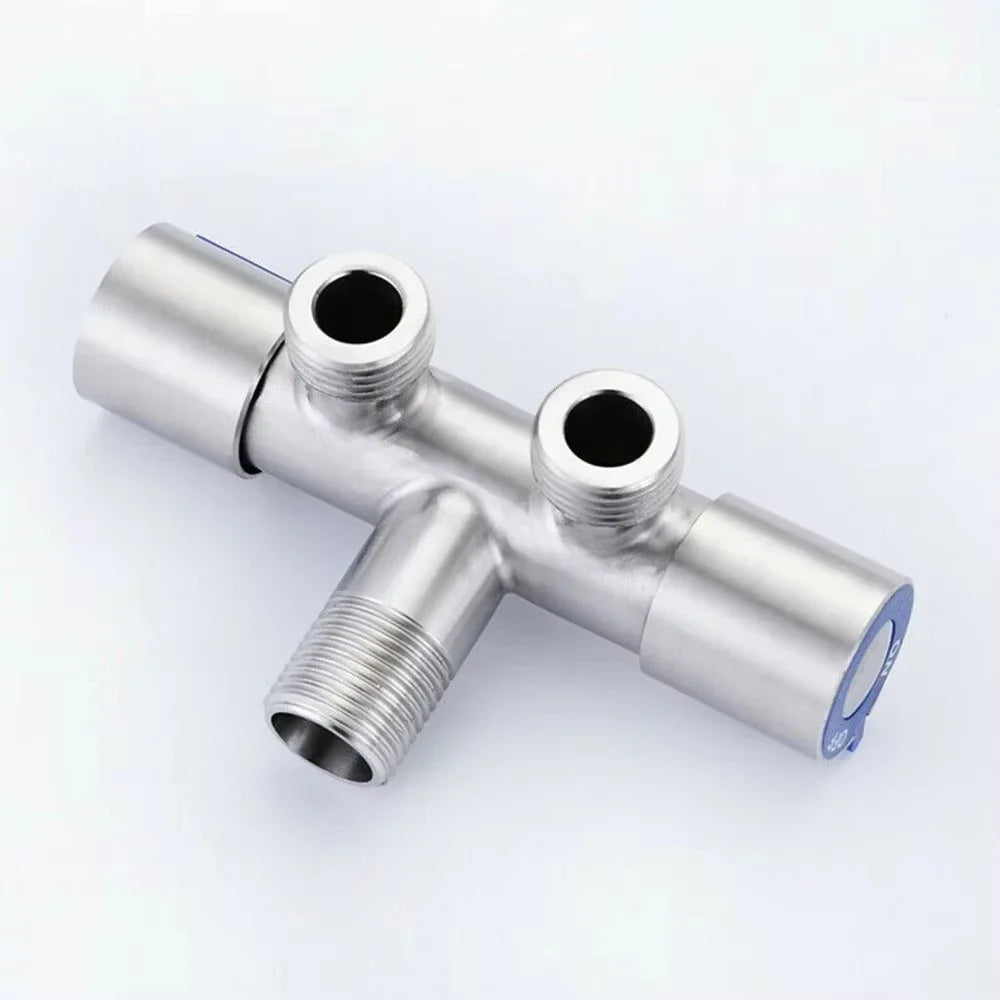 Stainless steel bathroom faucet double handle valve with t-shaped design and blue label on threaded connection end